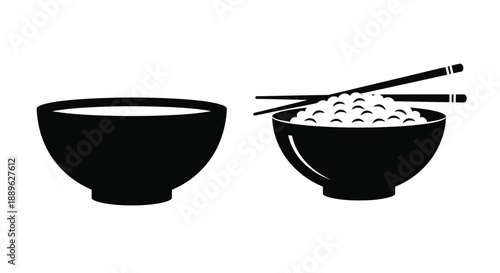 Two black bowls one empty and one with rice in a graphic silhouette
