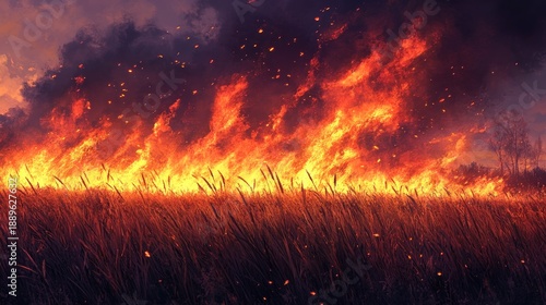 A fiery blaze consumes a field of tall grass under a smoky, dusky sky, with embers