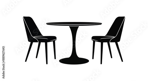 A minimalistic dining set featuring two chairs and a round table presented in a striking black silhouette high quality professional detailed