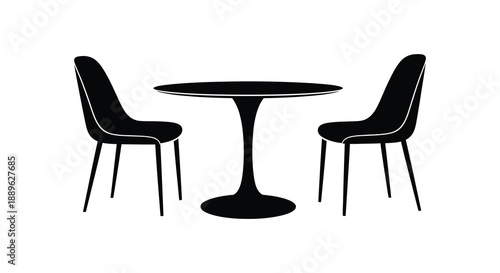 A minimalist depiction of a round table and two modern chairs presented as a stark black silhouette high quality professional detailed