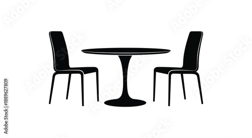 A minimalist depiction of a small round table with two chairs presented as a striking black silhouette high quality professional detailed