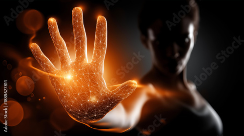 Digital privacy concept, human silhouette shielded by orange firewall