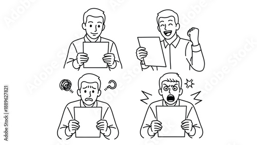 A cartoon man displays various emotional reactions to a piece of paper
