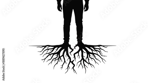 Silhouette of a person with roots growing from their feet, symbolizing connection to the earth.