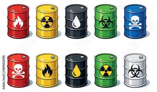Colorful cartoon industrial drums set featuring various hazard warning symbols for chemical and hazardous waste storage