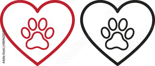 Heart shaped animal paw print outline icons in red and black colors for pet lovers, veterinary and rescue.