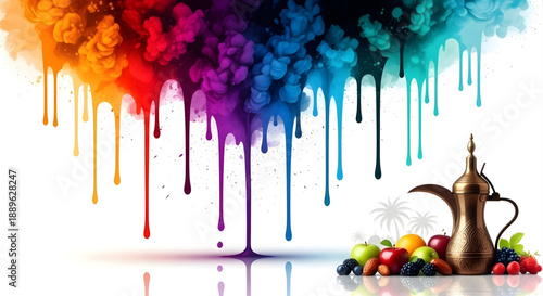 Ink drip abstract with dallah and fresh fruits