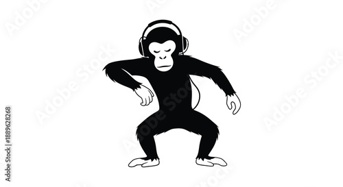 A playful monkey dances with headphones on striking a dynamic pose in a striking black silhouette high quality professional detailed modern