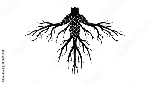Abstract tree roots forming a symmetrical, organic pattern against a white background