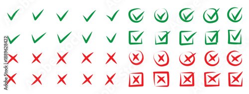 Check tick mark icon set. Cross box x check mark checkbox v list draw hand drawn sketch doodle brush marker checklist symbol wrong right circle. Illustration