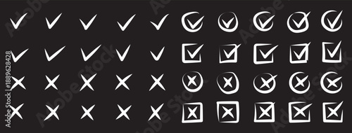 Check tick mark icon set. Cross box x check mark checkbox v list draw hand drawn sketch doodle brush marker checklist symbol wrong right circle. Illustration