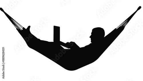 Silhouette of a person relaxing in a hammock while working on a laptop outdoors.