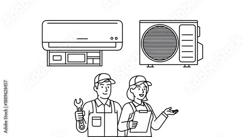 Two technicians servicing air conditioning units with tools and clipboard