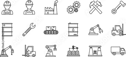 Industrial line icons set, factory, workers, tools, automation, logistics, engineering, manufacturing, vector illustration for business, infographic, and presentation design.