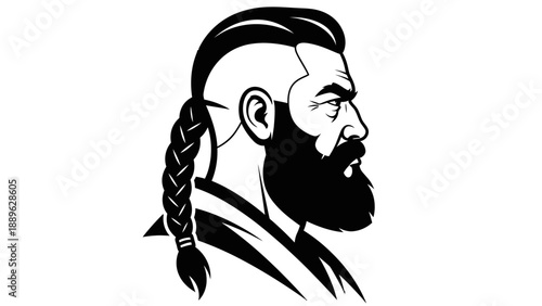 A man with a braided ponytail and beard looks to the side