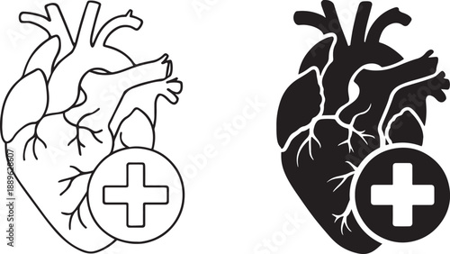 Human heart with medical cross vector icon for healthcare, cardiology and hospital design.