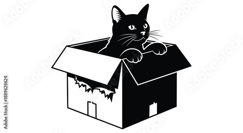 A black cat playfully peeks out from a cardboard box creating a striking visual contrast a captivating silhouette high quality