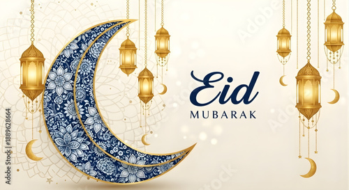 Eid mubarak greeting with crescent moon and lanterns