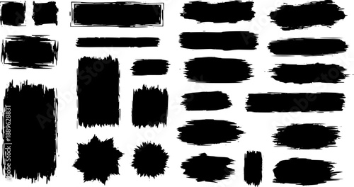 Paint brush strokes. Black vector rough edge rectangles. Grunge square frames set. Jagged edge torn paper background collection. Grungy distressed text boxes. Transparent background EPS version.