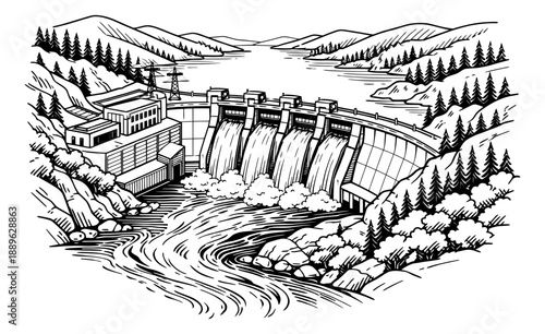 Hand drawn line art illustration of a hydroelectric dam depicting water flowing from its gates for clean energy production