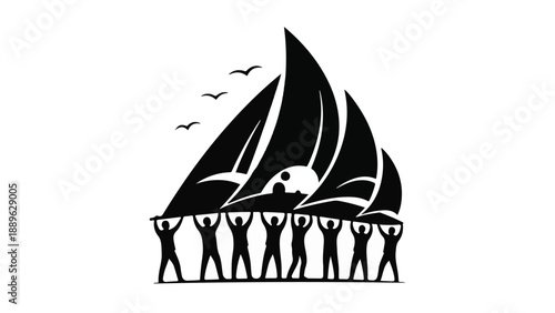 Silhouettes of people holding up a fleet of sailboats under a rising sun.