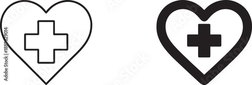 Heart with medical cross vector icon in bold and outline style for healthcare and hospital design.