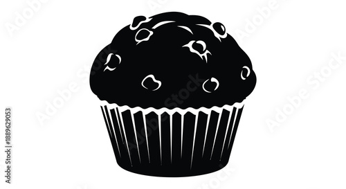 A striking black silhouette depicts a blueberry muffin with a detailed paper liner and visible fruit silhouette high quality professional modern