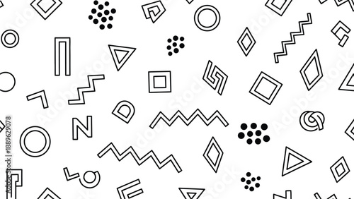 A seamless pattern of black geometric shapes on a white background