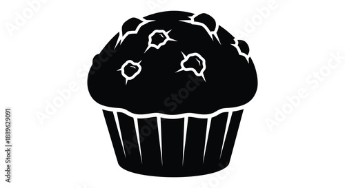 A striking black silhouette depicts a single blueberry muffin with visible berries and a textured paper liner silhouette high quality professional