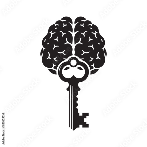 Unlock your potential: A key seamlessly integrated into a human brain, representing knowledge, intelligence, and unlocking cognitive abilities, monochrome graphic.