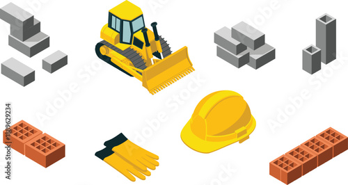 Isometric construction tools and materials set, bulldozer hard hat gloves bricks blocks, building site equipment, safety gear illustration