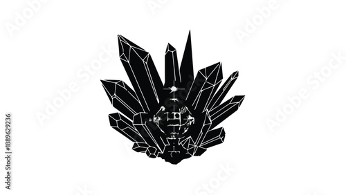 Striking black crystals cluster with sharp geometric facets against a clean white background, symbolizing strength and mystery.