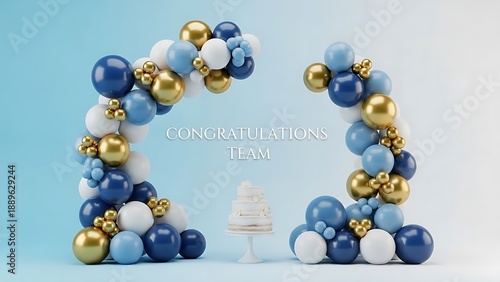 Celebrating team success with elegant blue, gold, and white balloons and cake