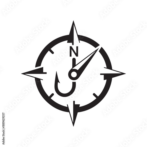 Navigation concept: A compass with a fishing hook as the needle, symbolizing direction in fishing, adventure, and finding your way, graphic illustration.