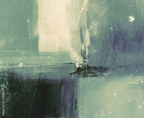Abstract textured painting background in shades of  green, purple and cream. Use it as your wallpaper, poster and banner design.