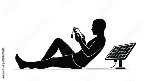 Silhouette of person relaxing outdoors, charging a device with a solar panel