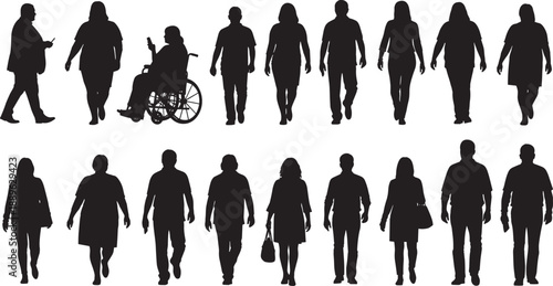 Collection of diverse people silhouettes including a person in a wheelchair and individuals of various body types walking and standing for inclusive community design concepts.