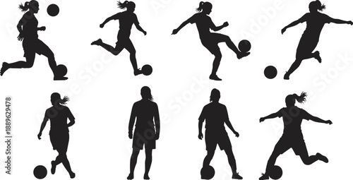 Collection of female soccer player silhouettes in dynamic action poses including dribbling running and kicking balls isolated on white background for sports and competition.