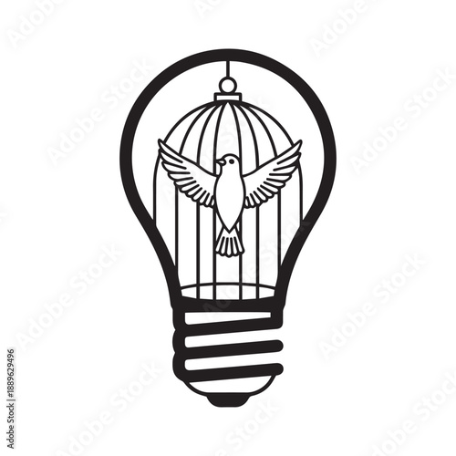 Freedom of thought logo: a bird in a cage within a light bulb, symbolizing breaking free from mental limitations