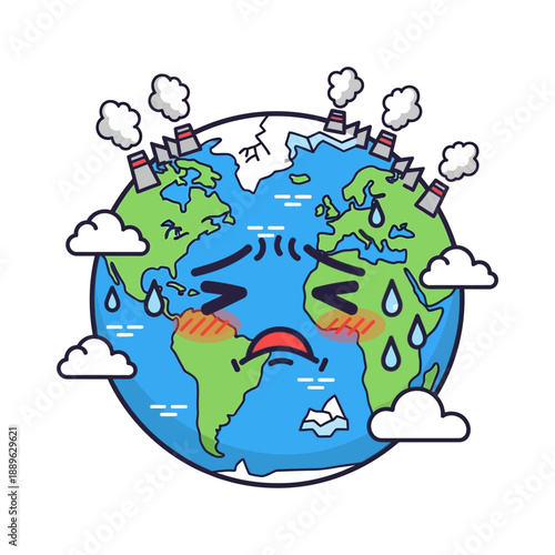Sad Earth Character Crying from Pollution and Climate Change