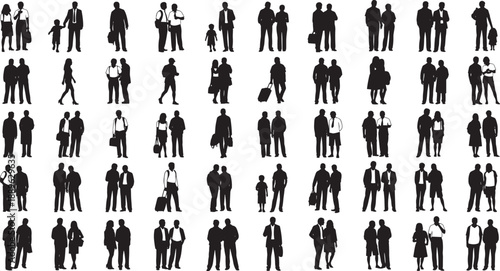 Collection of professional badminton player silhouettes in various action poses including smashing serving and lunging isolated on white background for sports competition and athletic design.