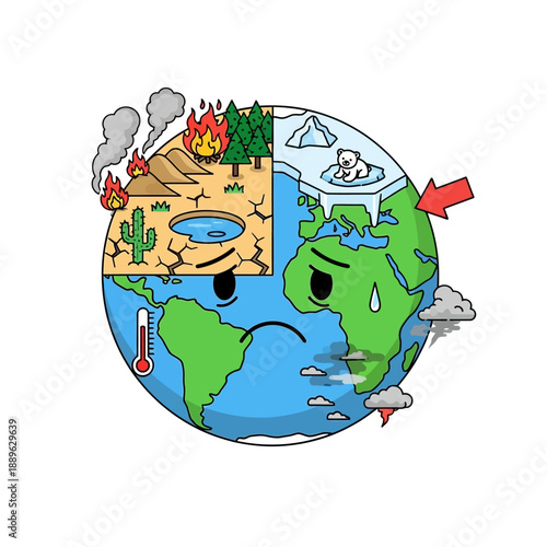 Sad Earth Divided: Climate Change Effects - Drought vs. Melting Ice