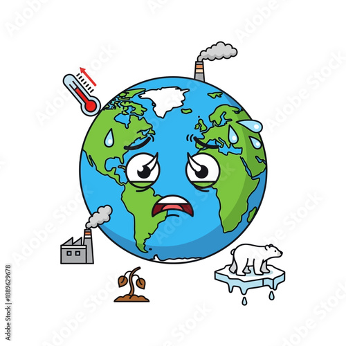 Sad Earth Cartoon Character Suffering From Global Warming and Pollution