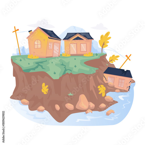 Landslide Disaster Damaging Houses on Hillside Terrain Vector Illustration
