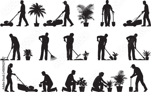 Collection of professional gardener silhouettes in various action poses including mowing lawns raking leaves and planting flowers for landscaping and garden maintenance concepts.