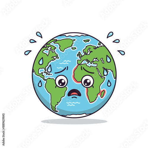 Worried Earth planet character sweating and looking distressed, climate change concept