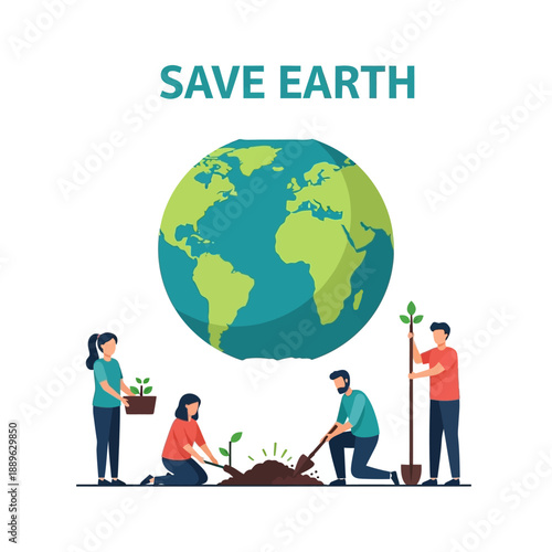 People Planting Trees Around Save Earth Globe - Environmental Protection Concept