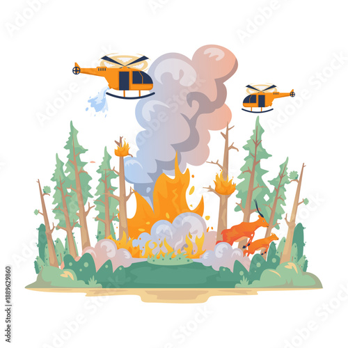 Forest Fire Disaster with Helicopters Dropping Water Over Wildfire Vector Illustration