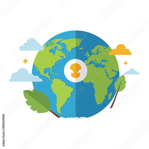 Flat Design Earth with Nature Elements and Clouds, Global Ecology Concept
