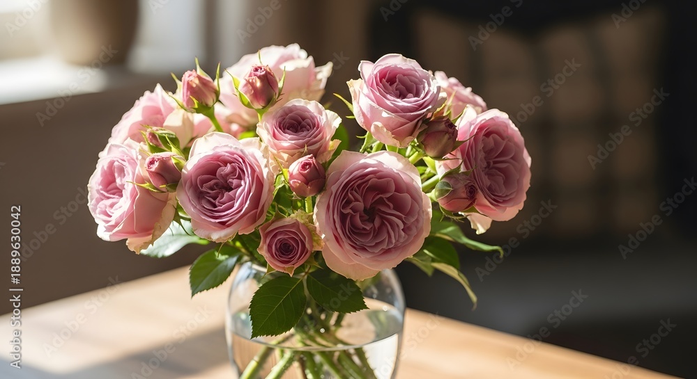 Obraz premium Bouquet of pink roses in vase on wooden table